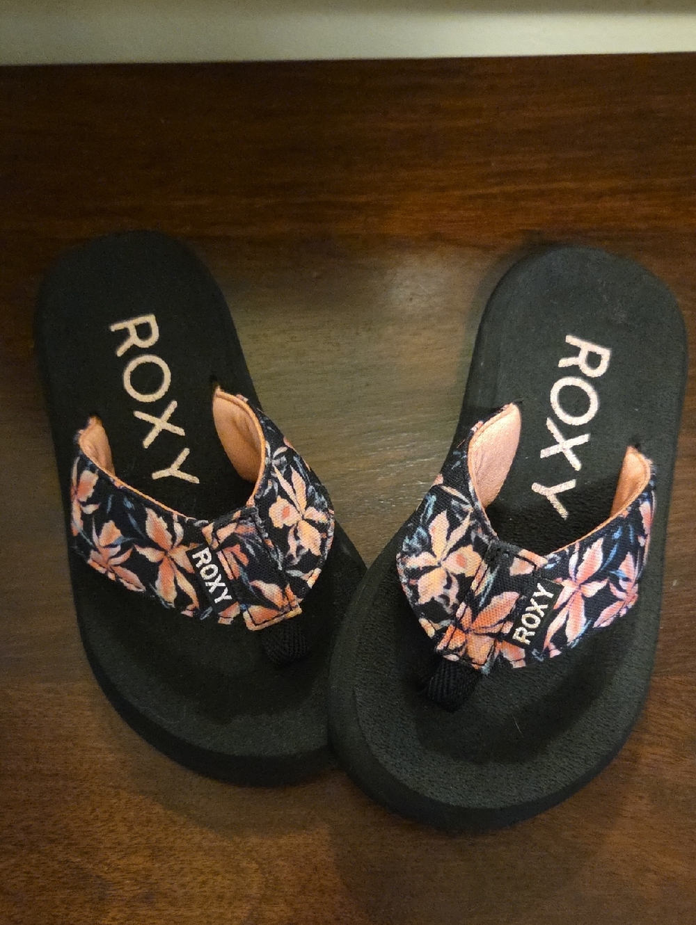Roxy Black Flip Flops with Pink Floral Straps